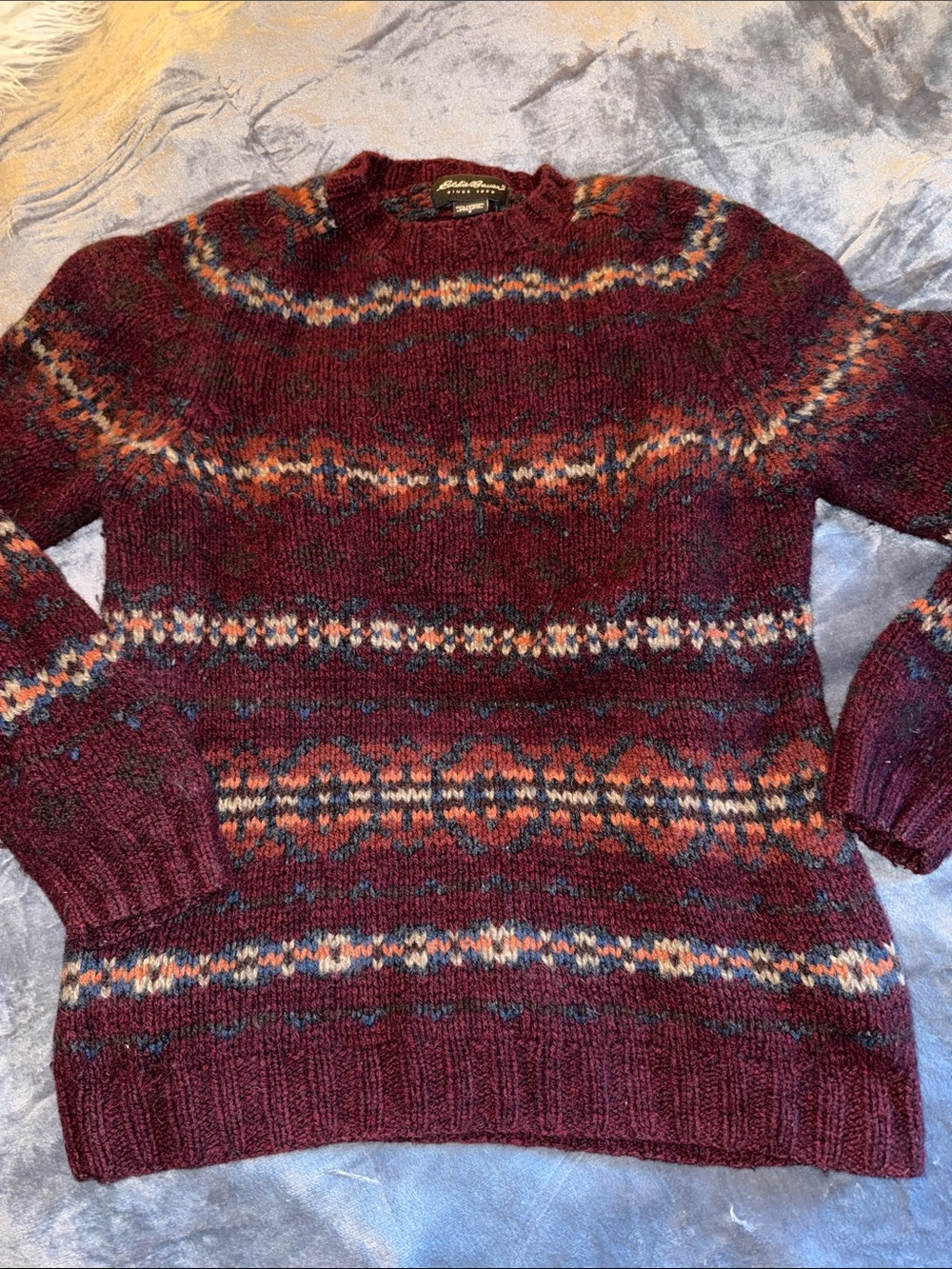 Eddie Bauer Burgundy Multicolor Fair Isle Crewneck Sweater